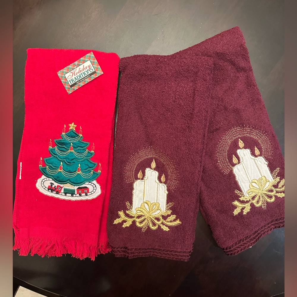 Set of (3) Christmas Towels with Tree and Candle Embroidery, Never used